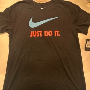 Nike Men's Black Tee with Blue Swoosh and Red Text